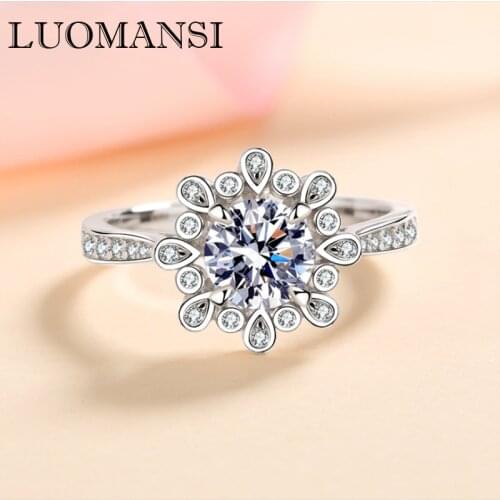 Luomansi 1CT 6.5MM Moissanite Lotus Ring GRA Certificate S925 Sterling Silver Woman Jewelry Party Birthday Gift
