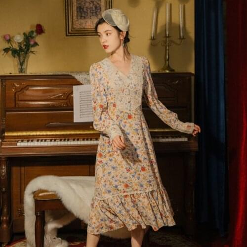 Dresses for women 2021 Autumn Vintage Floral Sexy V-Neck Lace Stitching Ruffled Elegant Fashion Dress Holiday Beach Skirt