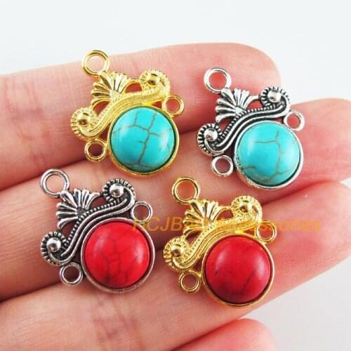 10Pcs Retro Gold Color Tibetan Silver Tone Flower Round Blue&Red Stone Charms Connectors 18x23mm