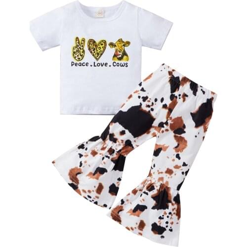 2021-03-27 Lioraitiin 2Pcs Set 0-4Years Kids Suit Set Letter Print Sleeve Tops+ Tie-Dyed Flared Trousers for Girls