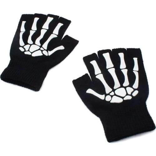 Unisex Cool Fluorescent Skeleton Gloves Knitted Half Finger Gloves Black Mittens Skull Gloves Ridding Knitting Luminous Gloves