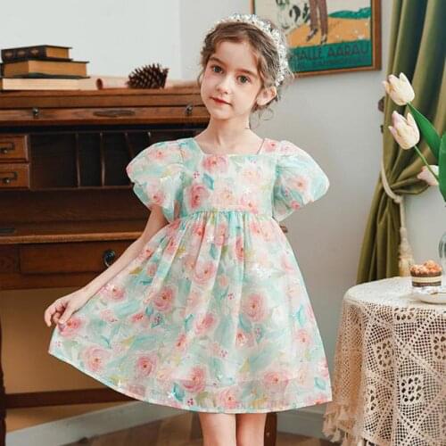 Summer Chiffon Light Dresses For Girls Fashion Floral Print Puff Sleeve Ball Gowns Children Birthday Party Show Dress 3-12 Years