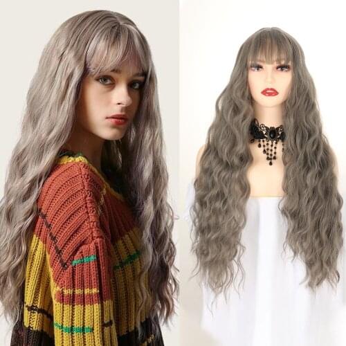 Long Wavy Grey Wig With Air Bangs Silky Full Heat Resistant Synthetic Hair Natural Looking 26 inch Body Wavy Style Wig For Women