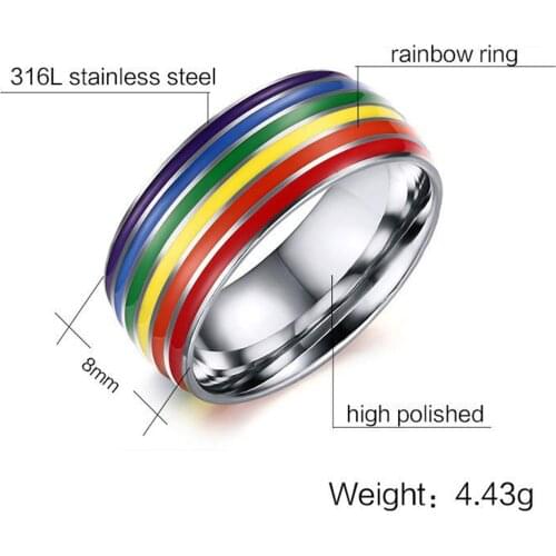 Men Women 316L Titanium 8mm Stainless Steel Rainbow LGBT Pride Ring for Lesbian Gay Wedding US Size 7 8 9 10 11 12