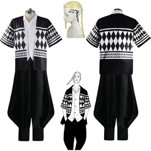 Tokyo Revengers Ken Ryuguji Cosplay Costume Anime Shirt Pants Cloak Tattoo Stickers Wig Earring Uniform Full Set Halloween Party