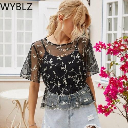 WYBLZ Fashion Black Sexy Women T Shirt See Through Mesh Sheer Party Clubwear Tops Short Sleeve Slim Ladies T-Shirt Women Tshirt