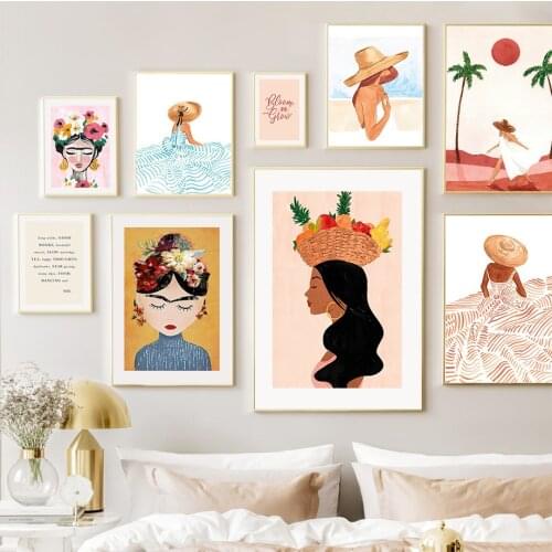 Tropical Sea Beach Flowers Fruit Girl Wall Art Canvas Painting Abstract Nordic Posters And Prints Wall Pictures For Living Room