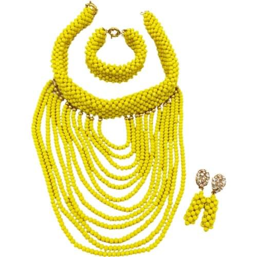 Opaque Yellow Nigerian Wedding Beads Sets Crystal Beaded African Necklace Earrings Bridal Party Jewelry Sets for Women DDK007