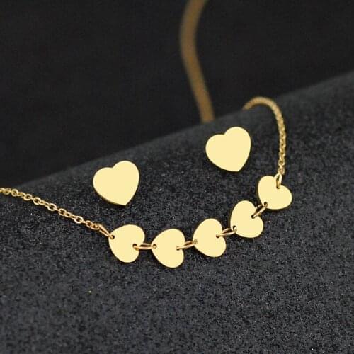New love heart-shaped necklace earrings clavicle chain sweater chain gold-plated stainless steel set of chain jewelry women