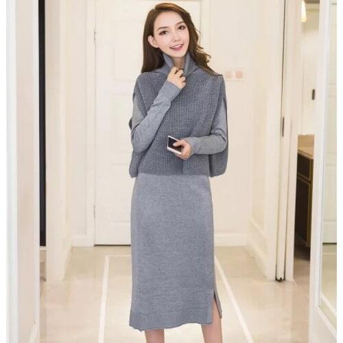 New arrival women temperament gentle warm solid loose sweater and comfortable slim simple knit dress fashion OL 2 pieces sets