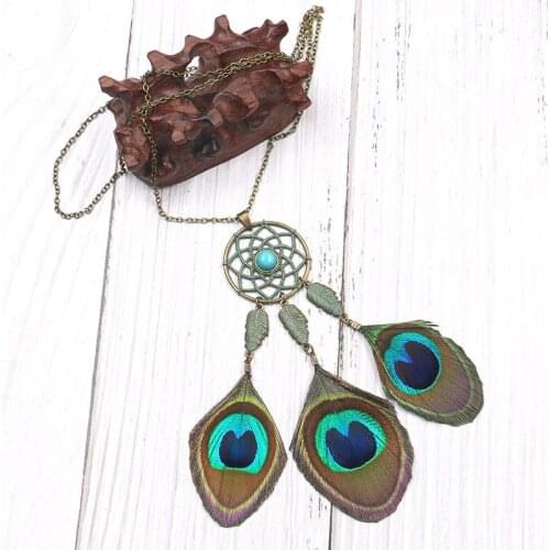 New Ethnic Long Tassel Peacock Fearher Necklaces with Pendant for Women Bohemia Vintage Dreamcatcher Necklace Charm Jewelry Gift