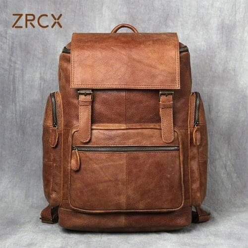 ZRCX Vintage Genuine Leather Backpack First Layer Cowhide Backpack Leisure Travel Bag Large Capacity Laptop Bag For 16inch