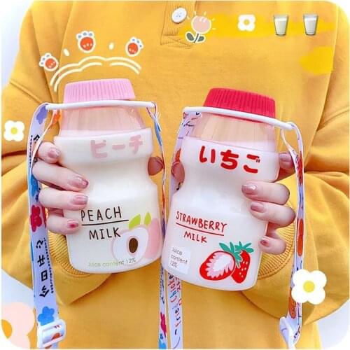 Cute Fruits Plastic Water Bottle 480Ml Portable Water Bottles Strawberry Peach Milk Carton Leakproof Drinking Bottles for Girl