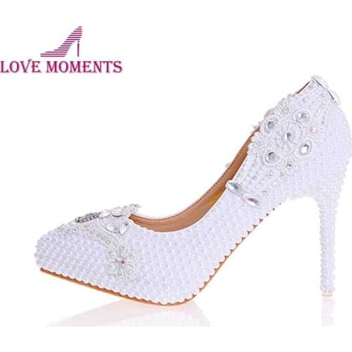 White Pearl Pointed Toe Wedding Shoes Stiletto Heel Bridal Party Formal Dress Shoes 10cm High Heel Bridesmaid Shoes