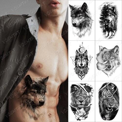 Dark Wolf Forest Temporary Tattoo Sticker For Men Women Owl lione Waterproof Fake Henna Fox Tiger Animal Body Art Tatoo Decal