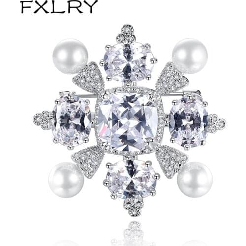 FXLRY Elegant Snowflake CZ Crystal Brooches for Women Girls White Imitation Pearl Accessories Pins Fashion Jewellery