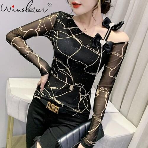 Spring Fall European Clothes T-Shirt Fashion Sexy Skew Collar Off Shoulder Bowknot Shiny Diamonds Women Tops 2021 Tees T18622A