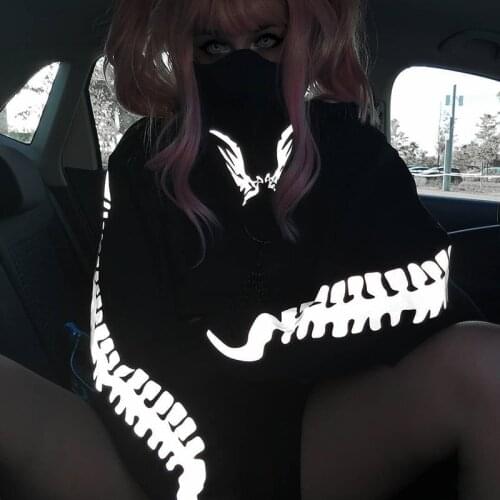Ruibbit Gothic Reflective Techwear Hoodies Punk Black Hip Hop Loose Crop Hoody For Women Fashion With Chain Autumn Streetwear
