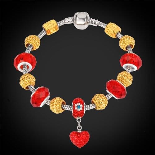 Bracelets Women DIY Jewelry European Style Silver Color Red Rhinestone Crystal Heart Trendy New Gold Color Charms Bracelet H125