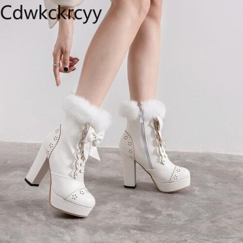 Winter The New Rabbit hair fashion Round head Thick heel 12CM short Boots Pink sweet Bow Keep warm High heel Women boots 34-48
