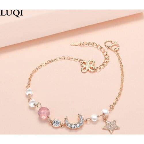 Fashion Womens S925 Silver Zircon Star Moon Spar Pendant Personalized Bracelet Gift SL3044