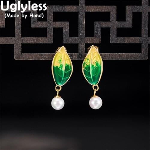 Uglyless Enamel Leaves Studs Earrings for Women Natural Pearls Earrings Retro Ethnic 925 Sterling Silver Brincos Gold Jewelry