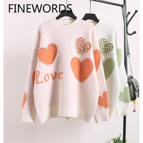FINEWORDS Heart Beading Kawaii Korean Sweater Women Winter O Neck Knitted Oversized Sweater Vintage Harajuku Casual Pullovers