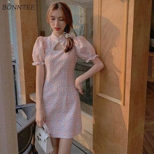 Dress Women Short Puff Sleeve Slim Elegant Hollow Out Chinese Style Stand Collar Sweet All-match Holiday Floral Fashion Casual