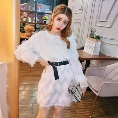 Womens Winter Dress Feather Tassel Bow Belt Autumn Long Sleeve High Waist Lady Bodycon Mini Dresses Club Vestido Female LS253