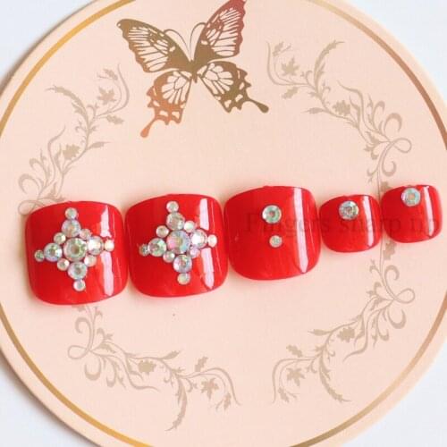 24pcs High-grade fashion full drill handmade round toe fake nail sexy red #N49