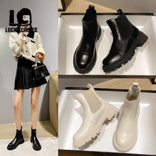 Ankle Boots Platform Women Cow Leather Chelsea Boots Round Toe Elastic Band Thick Sole Ladies Shoes Lucky Choice Boots