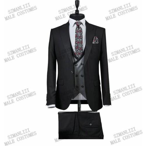 2021 Formal Business Men Suits Black Light Grey Vest Costume Wedding Groom Tuxedo Slim Fit Terno Masculino Prom Party Blazer