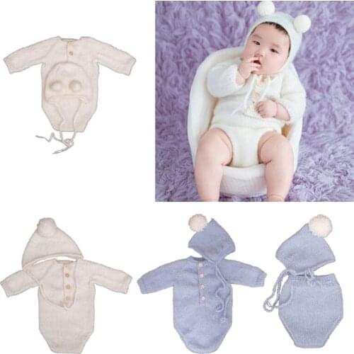 Crochet Mohair Baby Clothes Newborn Photography Props Girls Boys Hats Romper Set Q1FE