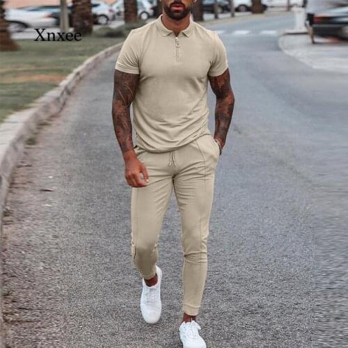 2021 Summer Mens Fashion Solid Color 2-Piece Set Mens Lapel Zipper Top and Drawstring Pants Suit Casual Suit
