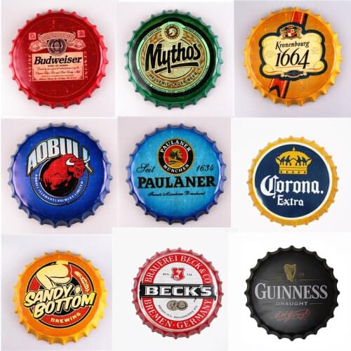 35cm Beer Cap Metal Tin Signs Plate Retro Cafe Bar Pub Wall Decor Plaque Vintage Round Home Art Poster Multi Size