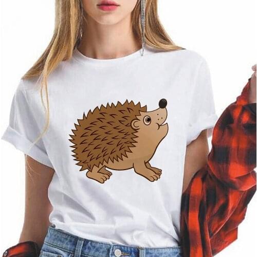 Kawaii Little hedgehog Print Womens T Shirts Beautiful Style Loose White Short Sleeve Female Fashion Y2k Youth Clothing