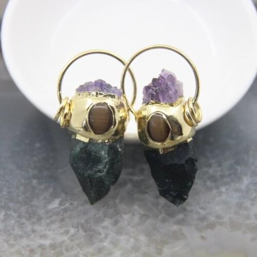 Natural Indian Agates Pendants Top Inlay Amethysts Geode Golden Hoop Energy Gems Point Charms Necklace DIY Jewelry Accessories