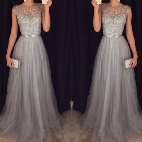 Elegant Dress Women Evening Party Mesh Sleeveless High Waist Sequins Shinning Wedding Ball Prom Gown Long Vestidos
