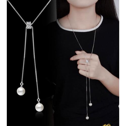 Simple Fashion 925 Sterling Silver Necklace Zircon Pearl Sweater Long Chain Necklaces For Women Choker Collares Gift