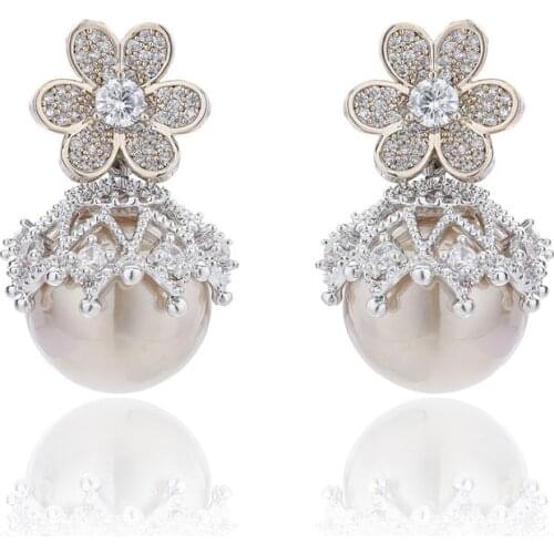 Pearl Cubic Zircon Drop Earrings for Wedding, Crystals Flower Earring for Bride, Women Girl Gift CE10984