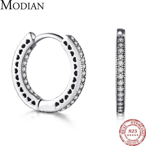 Modian Real 925 Sterling Silver Classic Full Hearts Hoop Earrings Luxury Cubic Zirconia Fashion Jewelry For Women Wedding Gift