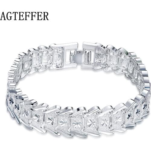 AGTEFFER 925 Sterling Silver Wide Wristband Bracelet For Women Man Wedding Engagement Party Fashion Jewelry