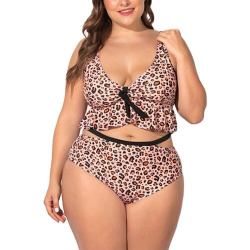 Hirigin Fashion Plus Size Women Leopard Print Two-piece Swimwear V Neck Ruffle Tops Adjustable Strap Hollow-out Hip Brief Set