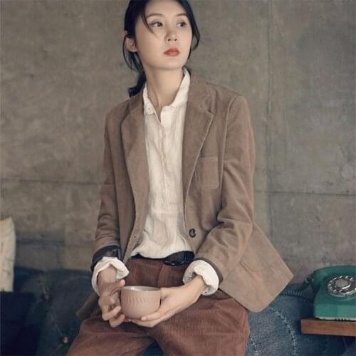 Femme Coat Cotton Corduroy Double Pocket Vintage Blazers Spring Autumn Arts Style Women Long Sleeve Casual Blazer