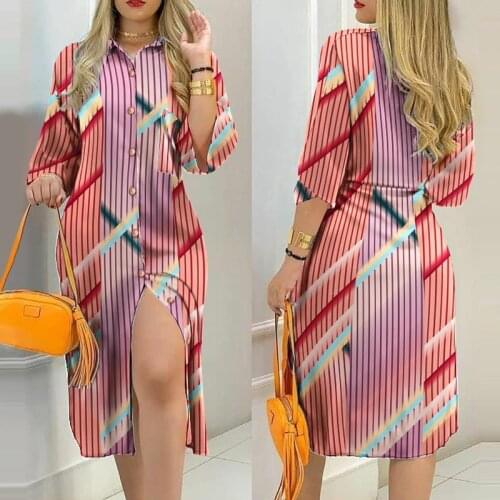 Women Loose Style Dress Variegated Color Turn-down Collar Button Long Shirt Split Dress Spring Autumn Female Ladies Casual New