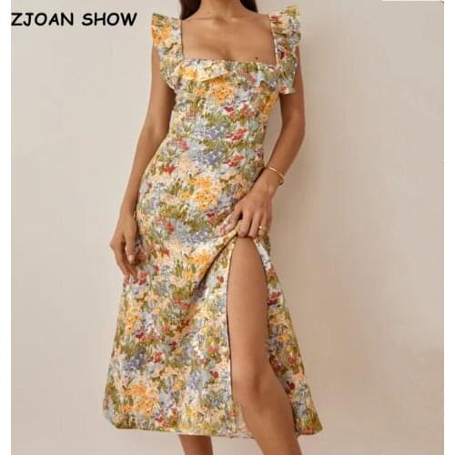 2021 Vintage Grass Floral Print Sleeveless Women Dress Ruffles Square Collar Hem Slit Tank Dresses Beach Holiday Robe