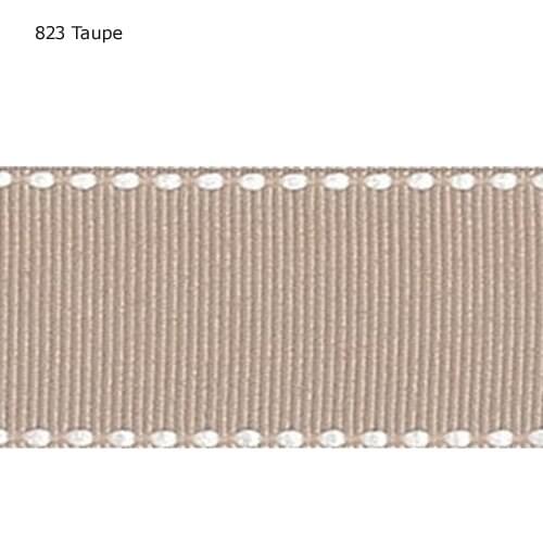 5/8" inch 16mm White saddle stitched taupe grosgrain ribbon