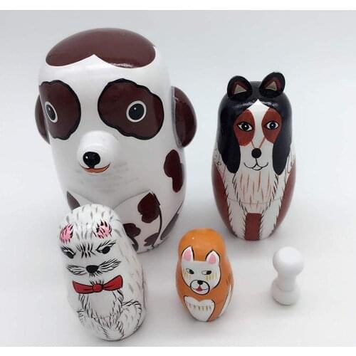 5Pcs/Set Hand Painted Dotted Dog AnimalFigurines Toy Nesting Dolls Matryoshka Stable Figure Model Kids Toy