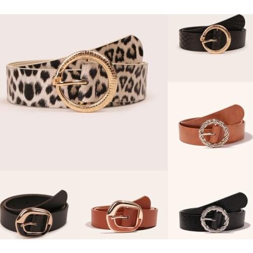 Gold Round Pin Buckle Leather Belt Leopard Print Pattern Belts For Women Lady Dress Jeans Waistband Femme