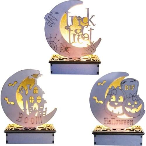 Halloween Wooden DIY Ornaments with Night Light Halloween Moon Shaped LED Ornament Decorative Party Decorations